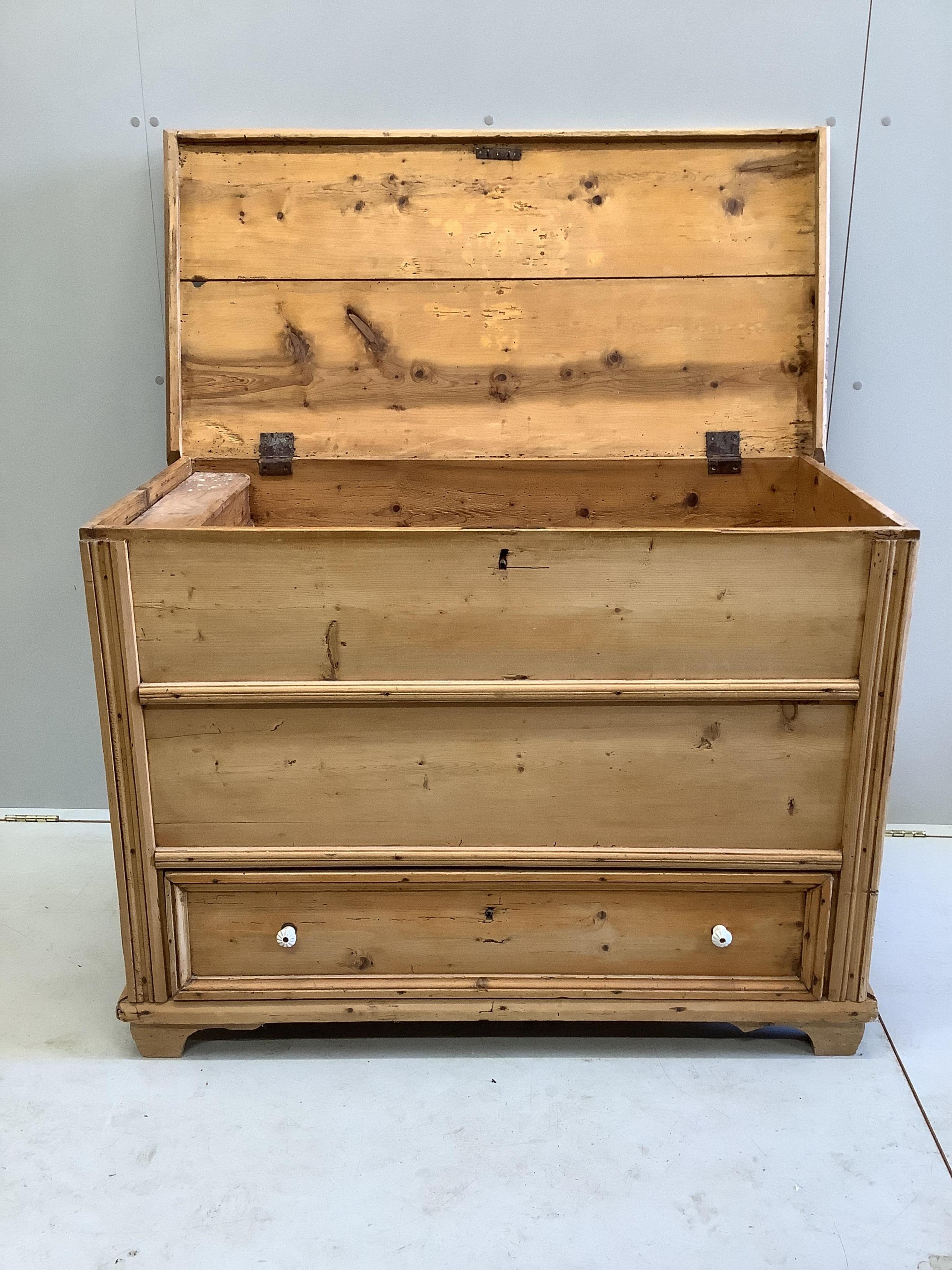 A 19th century Continental pine mule chest, width 112cm, depth 55cm, height 81cm. Condition - fair